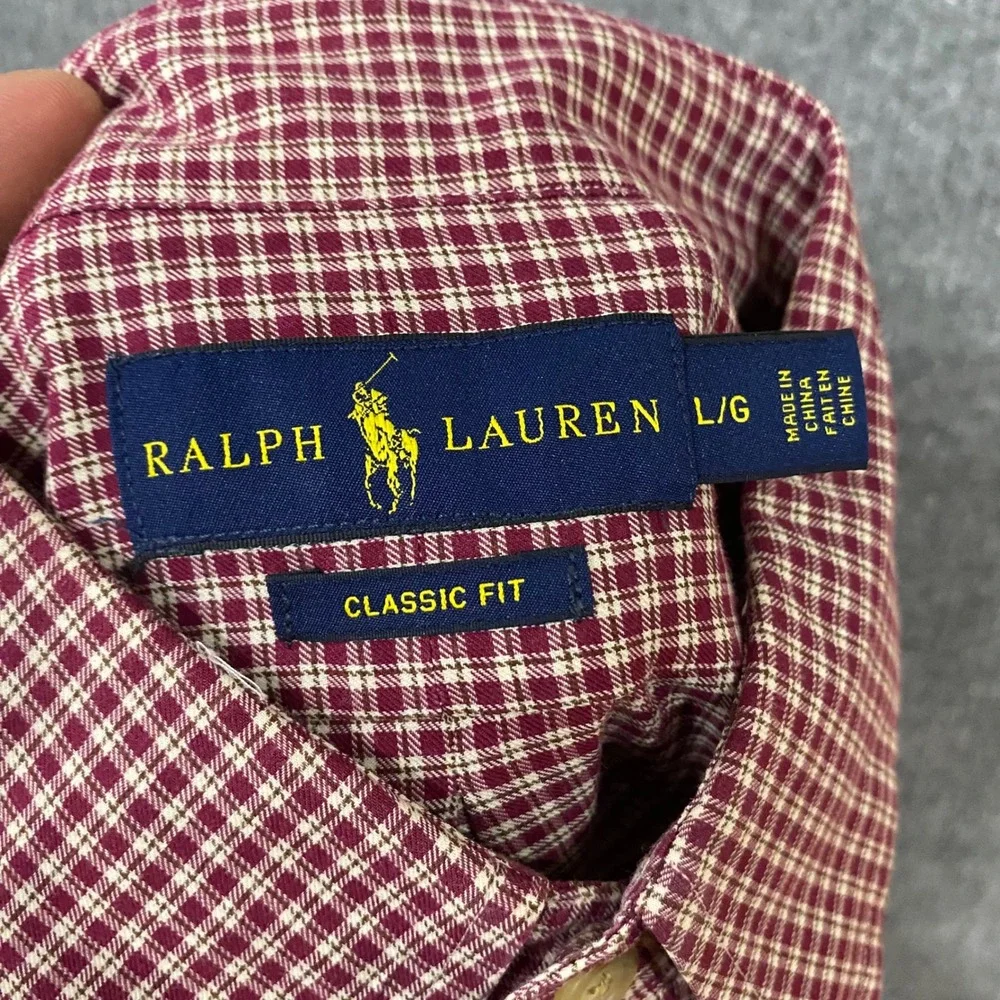 Polo Ralph Lauren Mens Large Classic Fit Burgundy Plaid Cotton Button Down Shirt